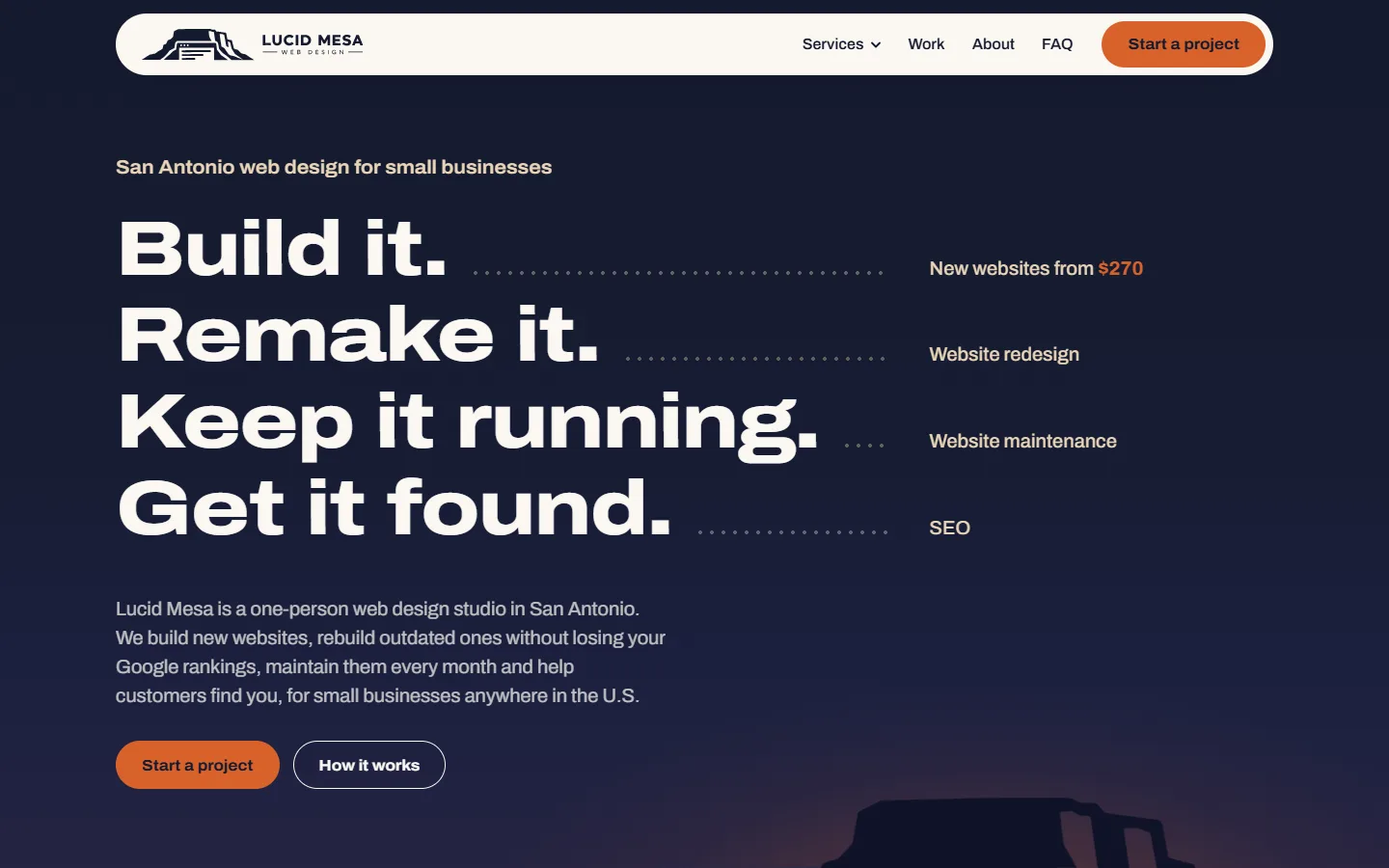 Lucid Mesa Web Design homepage: the headline Build it, Remake it, Keep it running, Get it found above a mesa at dusk