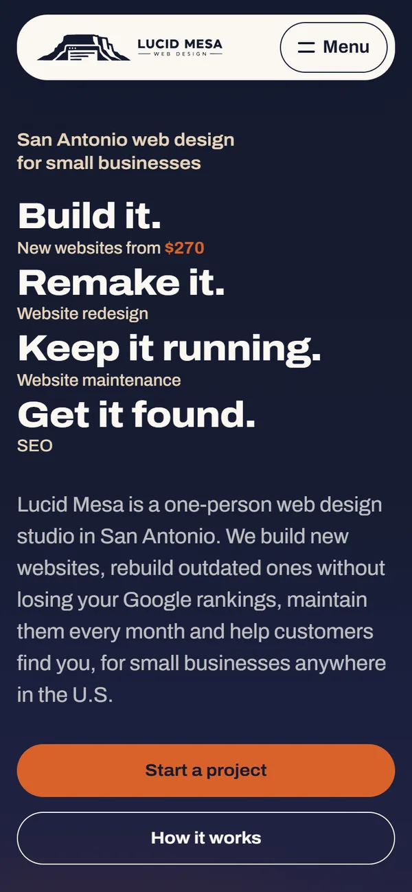 Lucid Mesa homepage on a phone