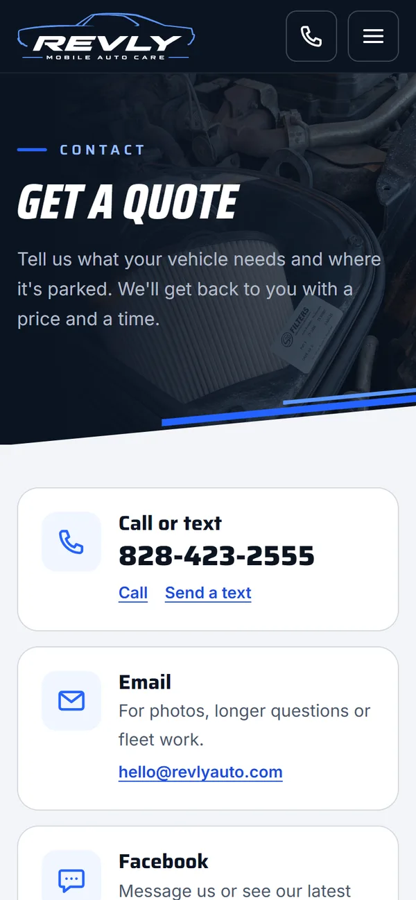 Revly contact page on a phone