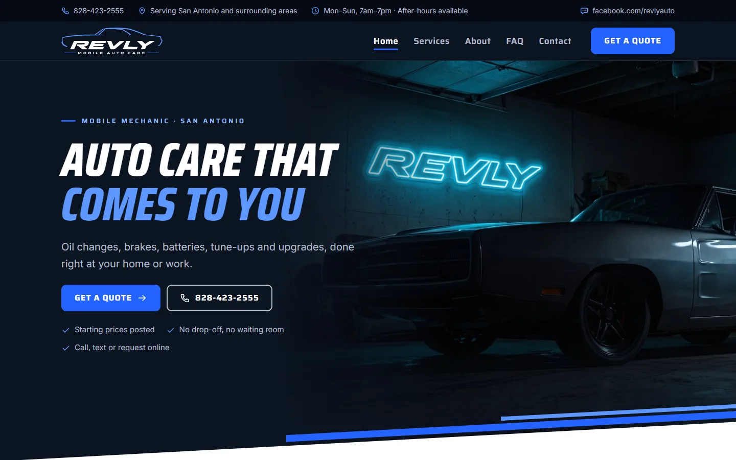 Revly Mobile Auto Care homepage on a desktop screen: dark hero with a neon Revly sign and the headline Auto care that comes to you