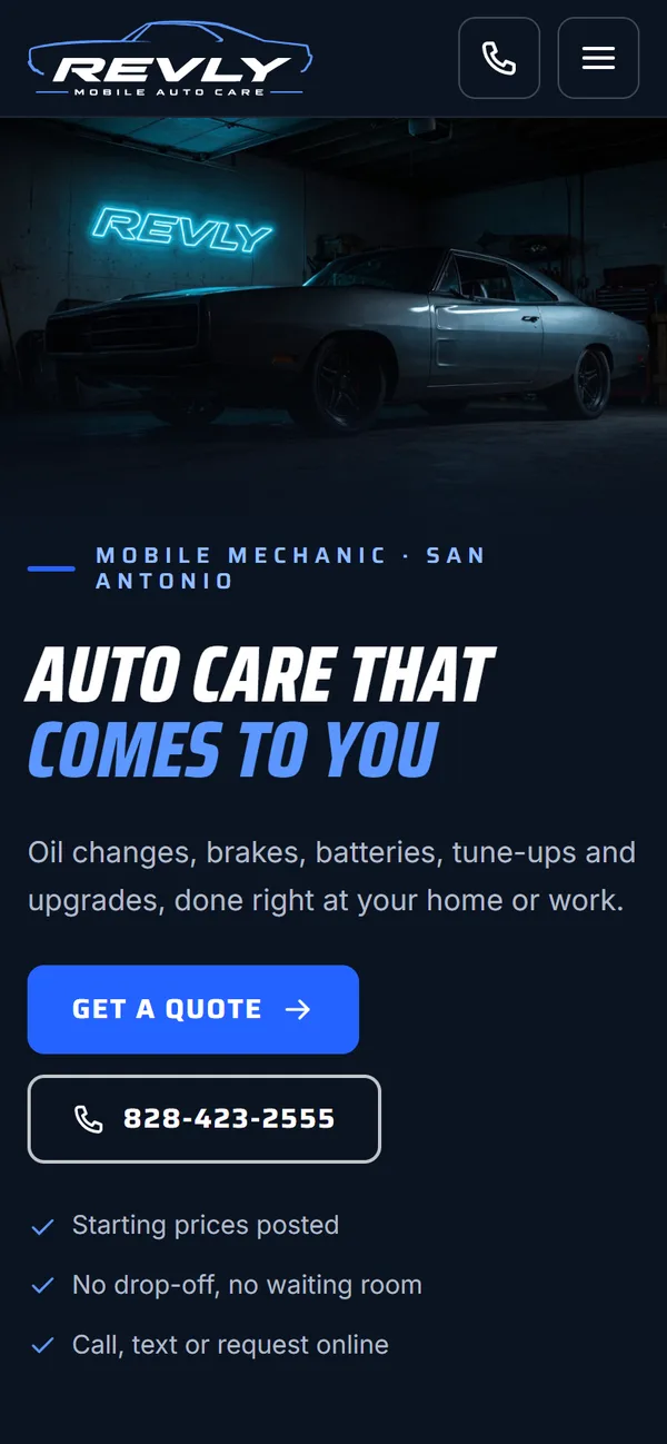 Revly homepage on a phone, with Get a quote and call buttons