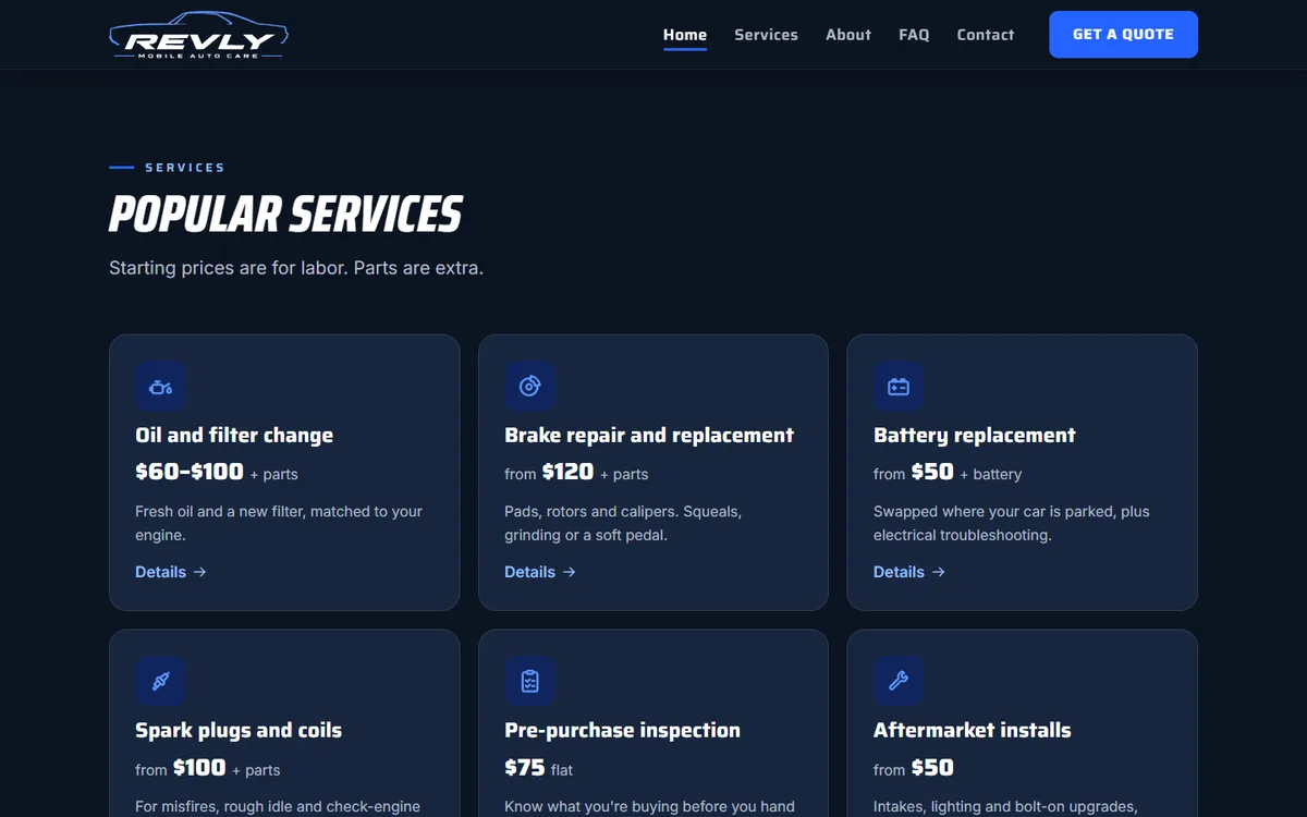 Popular services section on the Revly homepage, shown as dark cards with prices