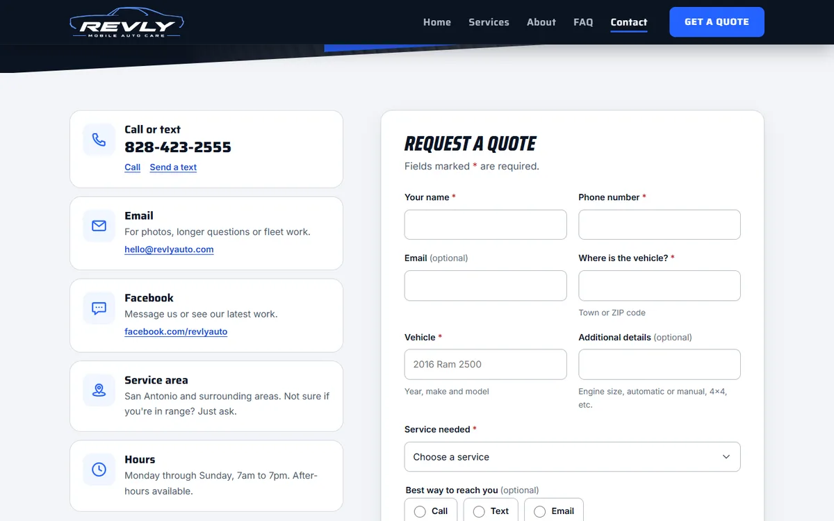 Revly contact page with call, email and Facebook options next to a quote request form