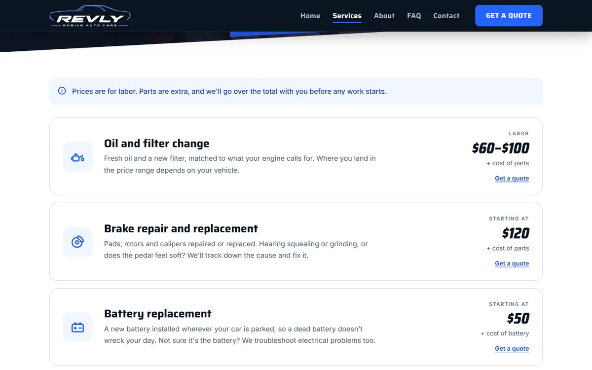 Revly services page listing oil changes, brakes and batteries, each with a starting price