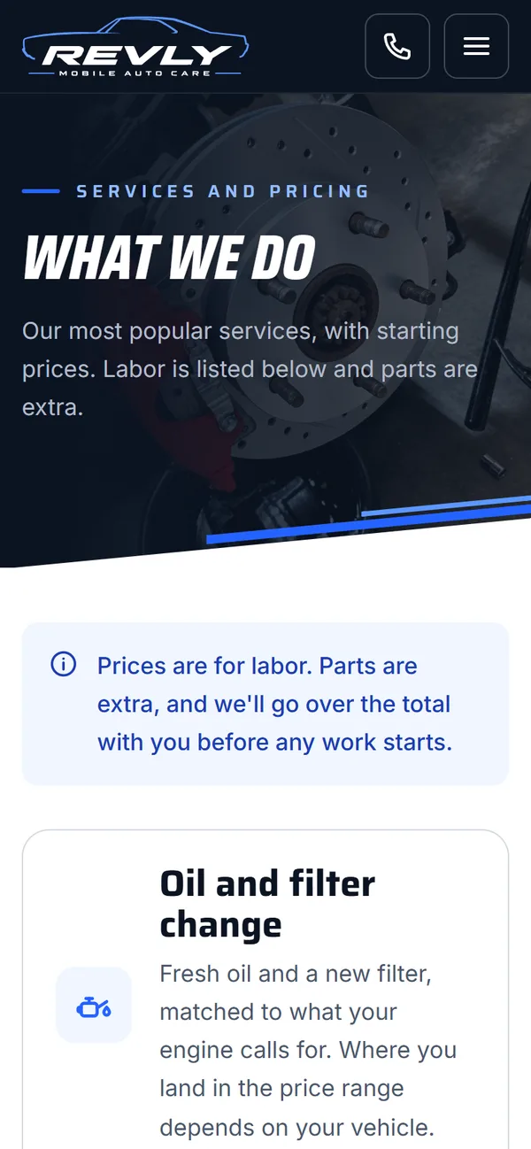 Revly services and pricing page on a phone